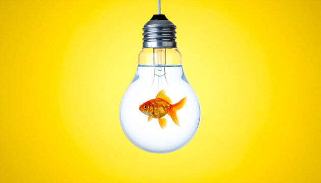 Goldfish swimming inside water filled clear glass light bulb hanging against bright yellow background, creative idea and innovation concept