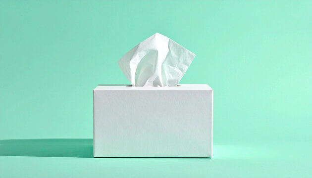 Minimalist plain white tissue box with one tissue popping up on a pastel mint background with copy space, cold and flu season concept