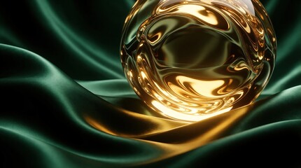 Obraz premium Golden abstract orb floats on draped emerald fabric. Shiny sphere reflects warm light. Fluid curves form glass like ball. Smooth texture contrasts with reflective surface. Luxury and mystery combined.