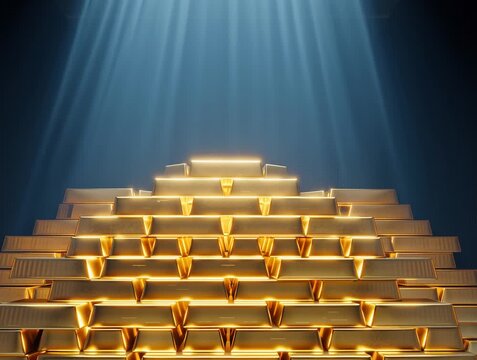 Gold bars stacked like pyramid under light beam in dark room