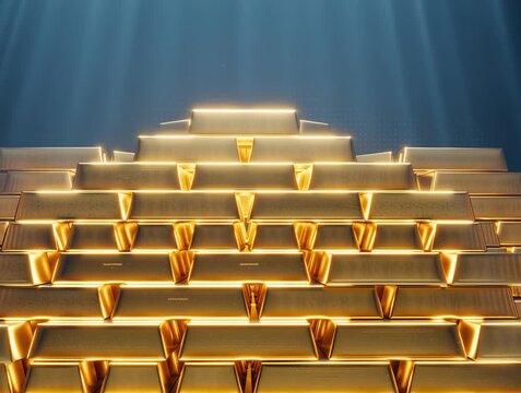 Gold bars stacked like pyramid under light beam in dark room