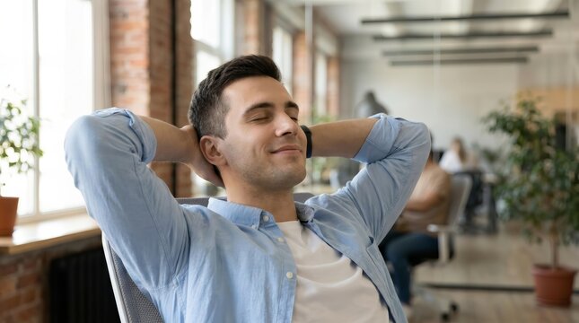 A young businessman dreaming about a good future and visualizing new opportunities while resting at work.