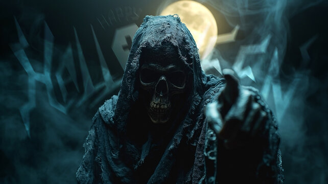 A skeleton covered in dried skin and dressed in a black cloak points a finger in front of him towards the viewer. Skeleton-death on the background of a full moon looks ahead, portrait. Halloween