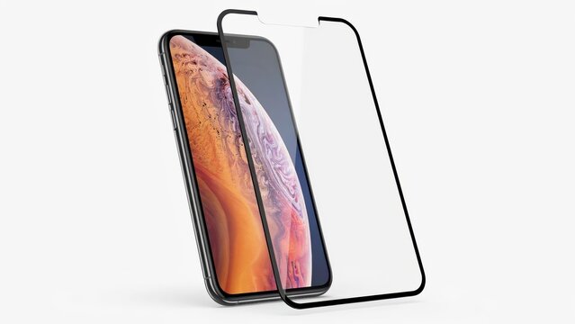 Tempered glass screen protector floating next to a smartphone isolated on white background. Perfect for mobile accessory marketing and technical product design.