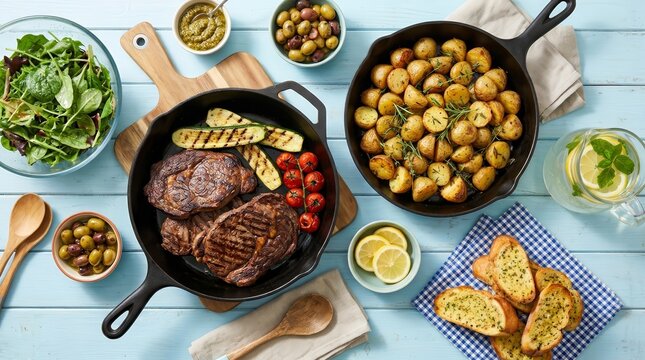 Delicious beef steak, roasted potatoes, and fresh salad spread for a summer meal