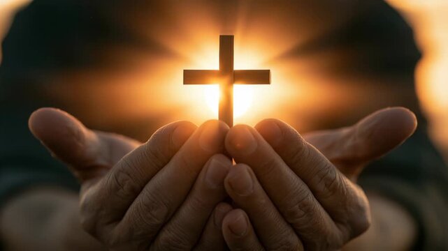 Hands hold a cross with sunlight shining behind in a clear sky