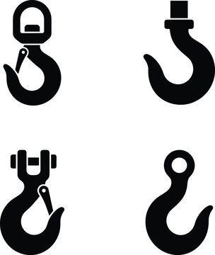 Four flat black silhouette icons of lifting hooks including swivel hook with safety latch, ramshorn hook, clevis grab hook, and sorting hook on a plain white background, industrial hardware elements