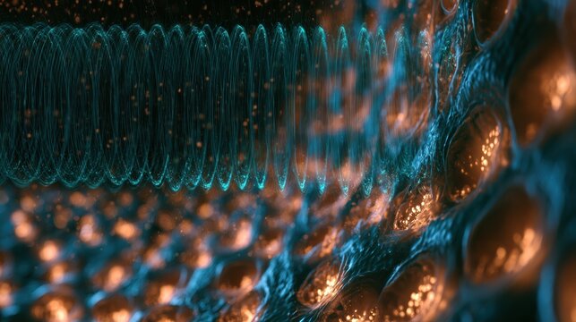 Glowing teal rings represent electromagnetic field pulses moving through tissue, stimulating cellular repair mechanisms with amber glow in cells.