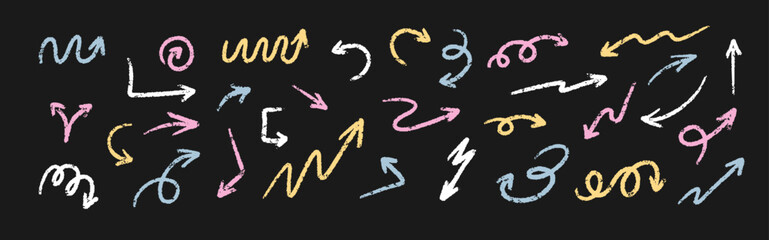 Fototapeta premium Arrow brush chalk set on blackboard. Doodle element with scribble. Hand drawn stroke with wax effect. Vector illustration.