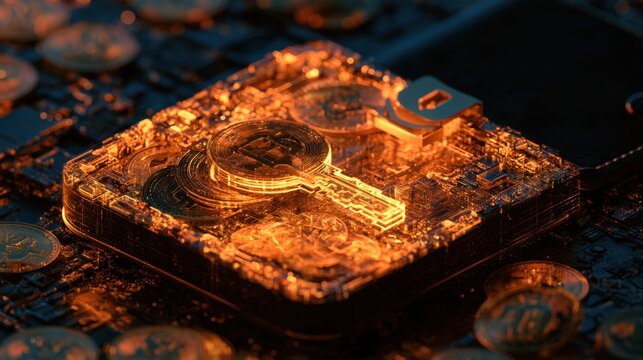 A cryptocurrency wallet displays a digital vault filled with amber and gold holdings and a glowing geometric key in a dark environment.