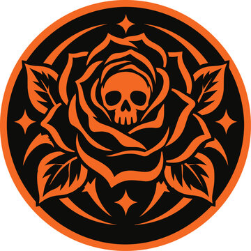 Human skull hidden inside gothic rose blossom round vector badge