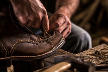 Obraz premium Shoemaker Hammering a Handcrafted Leather Work Boot