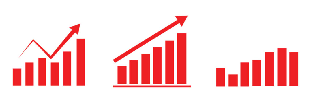 Up and down graph chart vector icon set. growth increase and decrease sign. upward or downward trend bar chart icon. vector illustration