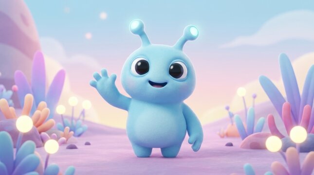 Cute blue alien creature with glowing antennae waving hello in a whimsical fantasy landscape with soft pastel colors
