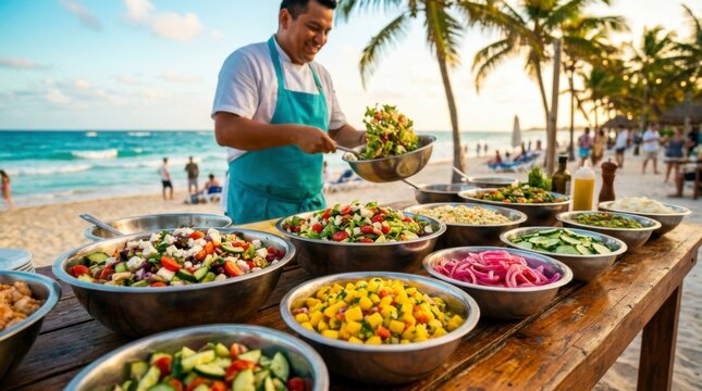 Chef preparing fresh salad on a wooden buffet table at a tropical beach resort during sunset, with ocean and palm trees in the background