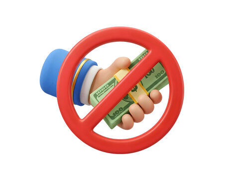 3d illustration of a hand holding a stack of money behind a red prohibition sign isolated on transparent background
