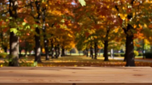 Empty wooden tabletop with a softly blurred autumn park background for seasonal product presentation and advertising.