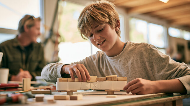 A 13-year-old student adds wooden blocks to a folded paper bridge spanning two small supports on a worktable in a bright school makerspace while an adult teacher watches from the