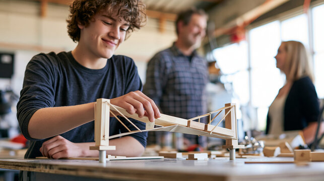 A 13-year-old student adds wooden blocks to a folded paper bridge spanning two small supports on a worktable in a bright school makerspace while an adult teacher watches from the