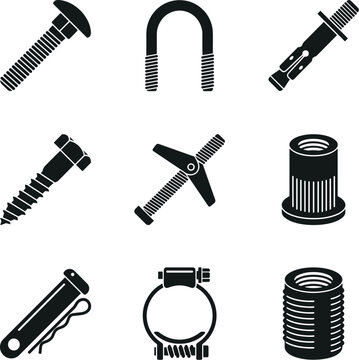 Set of nine flat black silhouette icons of specialty fasteners including carriage bolt, U-bolt, wedge anchor, lag screw, toggle bolt, rivet nut, clevis pin with cotter, and hose clamp, arranged in a