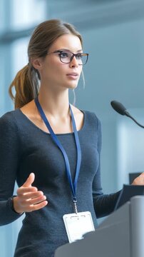 Young professional woman speaking confidently at a conference podium. She wears glasses and a badge, delivering a presentation in a modern corporate setting