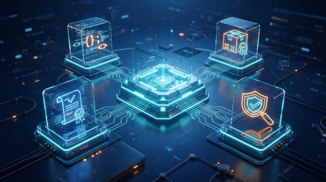 High tech blockchain network connects digital supply chain modules