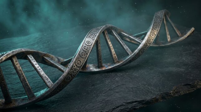 Metallic DNA double helix structure with intricate patterns on a dark, textured surface, illuminated by ethereal light, concept of genetic engineering and scientific discovery
