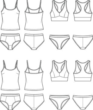 Women Underwear Set Flat Sketch, Tank Top Bra and Panty Technical Drawing, Front and Back View Vector Illustration Collection