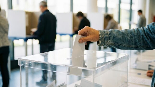 Close-up of a person's hand casting a ballot into a clear election box at a polling station with other voters in the background, concept of democracy and civic participation