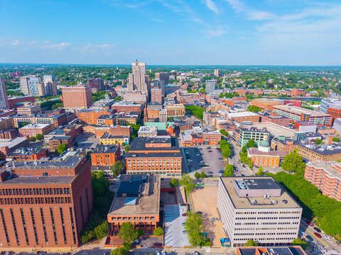 Providence modern city aerial view, including Industrial National Bank Building, One Financial Plaza, Residences Providence in downtown Providence, Rhode Island RI, USA.