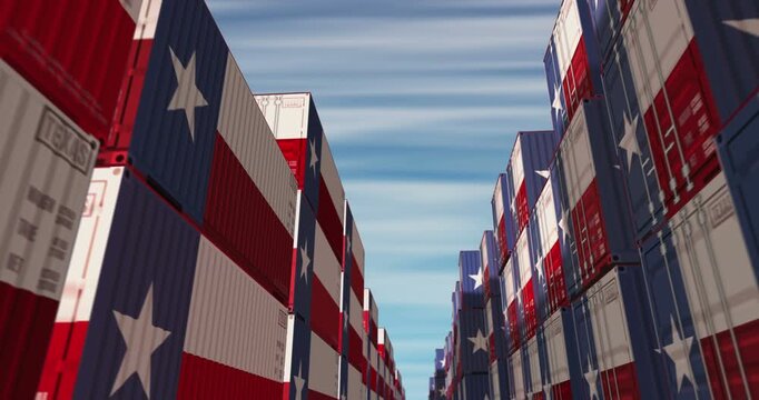 Texas USA export production and import cargo containers in row seamless and loopable business concept. Texas flag industrial shipping box 3d loop.