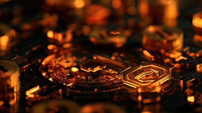 A digital vault with warm amber and gold cryptocurrency holdings shines against a dark background. A unique glowing key is visible.