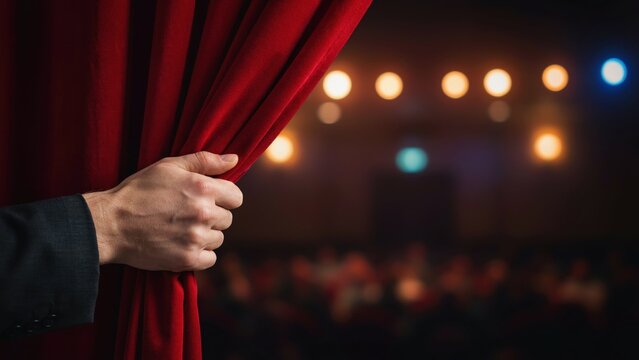 A hand in a suit pulls back a red stage curtain revealing a blurred theater auditorium. This image represents performance, anticipation, and entertainment industry concepts.