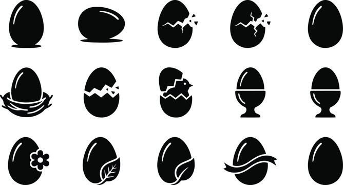 Collection of black egg silhouettes featuring various styles, cracked shells, nests, and decorative isolated on a white background