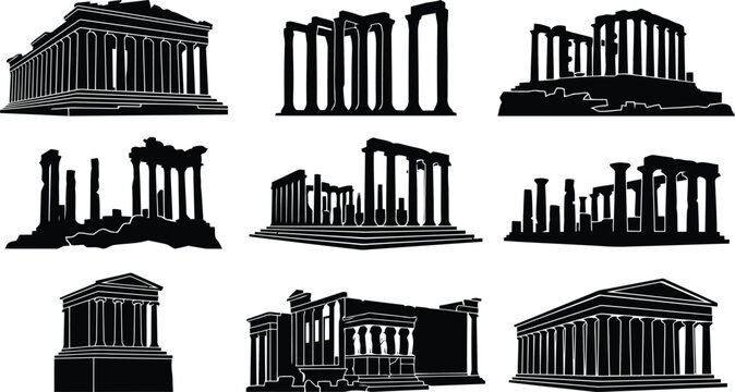 Collection of black silhouettes featuring ancient greek temples and historical ruins isolated on a white background, for use