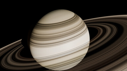 High-resolution 3D digital illustration of Saturn showing its magnificent ring system and atmospheric bands, suitable for science and astronomy projects. © Emirhan