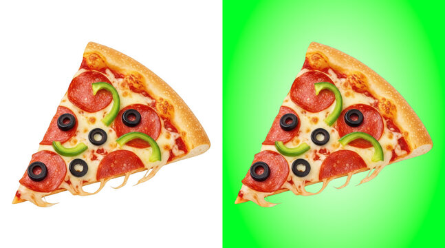 Two pepperoni pizza slices with green peppers and olives
