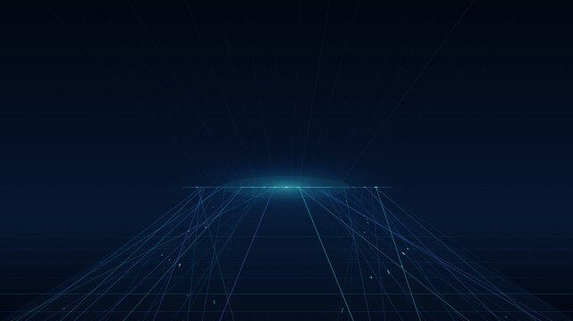 Futuristic Blue Digital Horizon With Glowing Perspective Grid Lines and Abstract Technology Motion Background