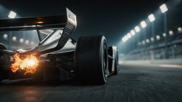 A race car speeds on a track at night with exhaust flames visible. Perfect concept for automotive racing speed and high performance sports themes.