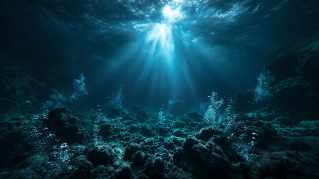 Sunlight Filtering Through Deep Blue Ocean Floor with Bubbles