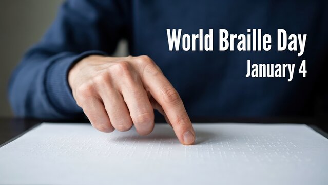 A hand touching embossed text on white paper for World Braille Day on January 4. An educational concept highlighting accessibility and literacy for visually impaired people.
