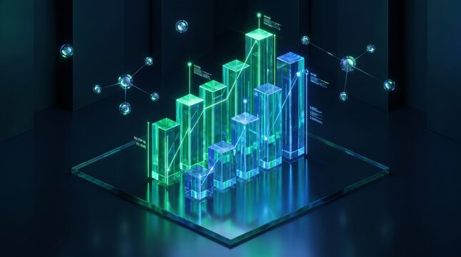 Glowing glass bar chart displays rising financial data metrics with neon cyan and green light effects in dark digital space