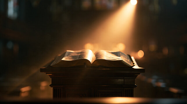 Open Holy Bible on Wooden Altar with Divine Light