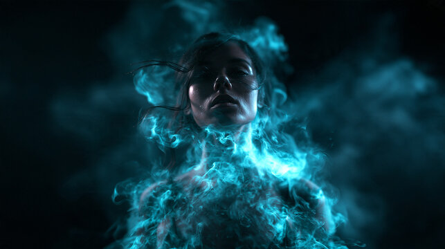Mystical Woman Surrounded by Glowing Blue Smoke and Energy