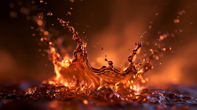 Amber Liquid Splash with Droplets in Warm Light