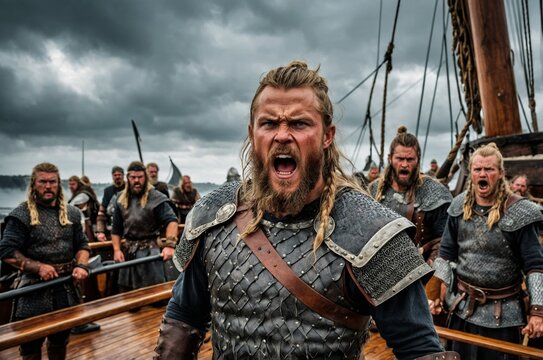 Fierce Viking warrior shouting orders while leading his crew on a wooden longship at sea