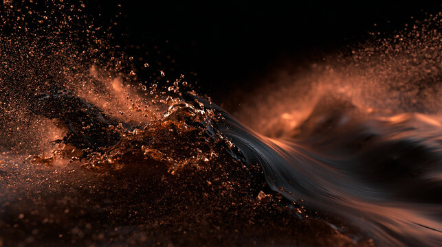 Splash of Amber Liquid and Fine Droplets on Black Background