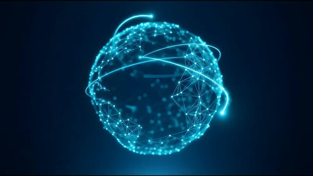 Digital plexus globe rotating with glowing data connections in a dark virtual space background