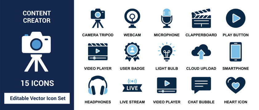 Content creator media production vector icon set featuring blue and white digital tools for social media streaming