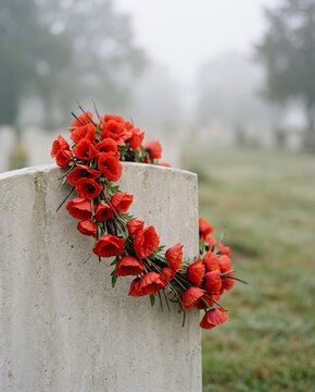 Asymmetrical red poppy memorial wreath draped over a blank stone tombstone in morning fog for remembrance and tribute